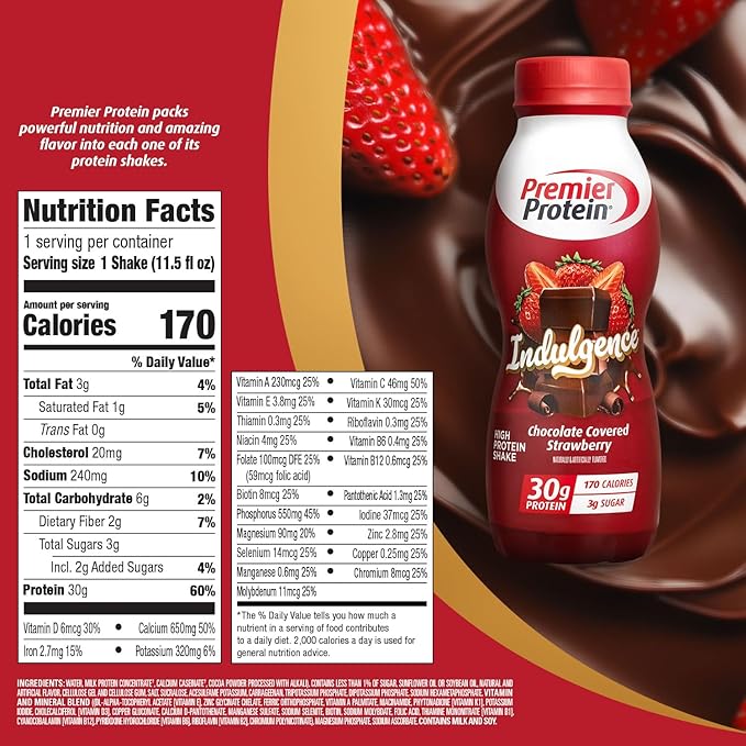 Premier Protein Shake INDULGENCE Chocolate Covered Strawberry 30g Protein 170 Calories 3g Sugar 11.5 fl oz 12 Pack (Packaging May Vary)