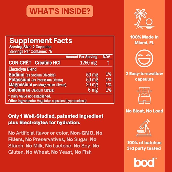 Bod Creatine HCL Capsules – 150 Pills | Creatine Hydrochloride Supplement for Men &amp Women | Easy-to-Swallow Alternative to Monohydrate Powder Unflavored &amp Keto-Friendly