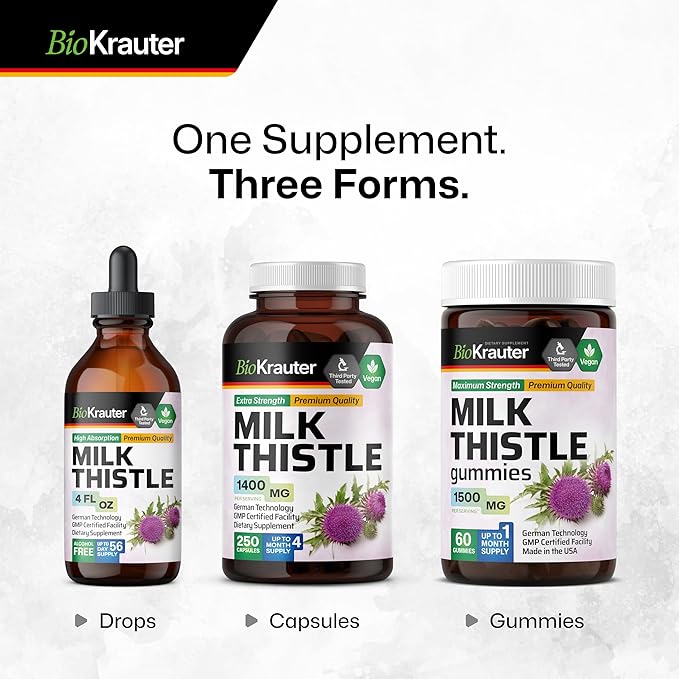 BIO KRAUTER® Milk Thistle Supplement for Liver Cleanse &amp Detox - Vegan Milk Thistle Extract for Men &amp Women Сontains Silymarin - 60 Liver Support Gummies 1500 mg Strength Blueberry Flavor -