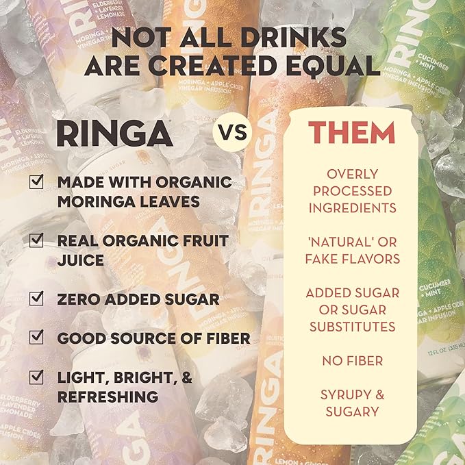 RINGA Elderberry Lavender Lemonade Sparkling Drink – Organic Moringa + Apple Cider Vinegar with 3g Prebiotic Fiber – No Added Sugar No Natural Flavors – Gut Health &amp Immunity Support – 12oz Cans