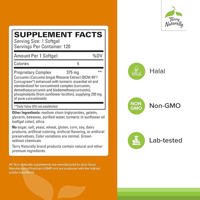 Terry Naturally CuraMed 375mg - Antioxidant Supplement for Brain &amp Immune Health Support - Dietary Supplement with Curcumin &amp Turmeric Essential Oil - Herbal Liver Support - 120 Softgels (Pack