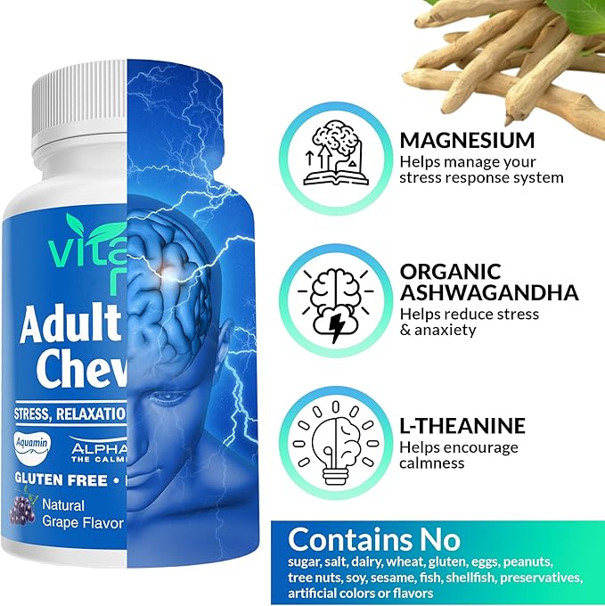 Adult Calm Magnesium Chewables – Magnesium Ashwagandha &amp L-Theanine Supplement for Stress Mood &amp Relaxation High Absorption Non-GMO Grape Flavor (60 Chewables)