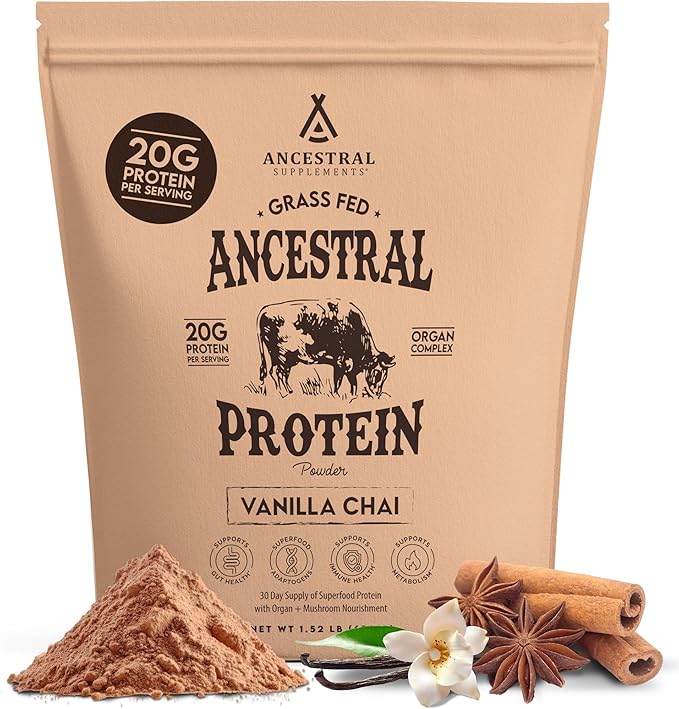 Ancestral Supplements Grass Fed Protein Powder Vanilla Chai Bone Broth Protein + Beef Organs + Organic Mushrooms 20g Protein Gut Health Support 30 Servings