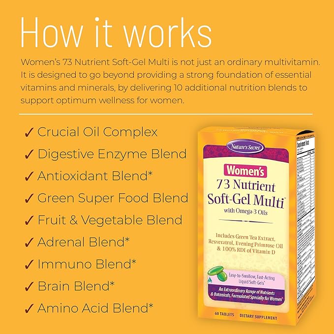 Nature's Secret Women’s 73-Nutrient Soft-Gel Multi – 60 Liquid Soft-Gels – Complete Female Wellness Support - 2 Pack
