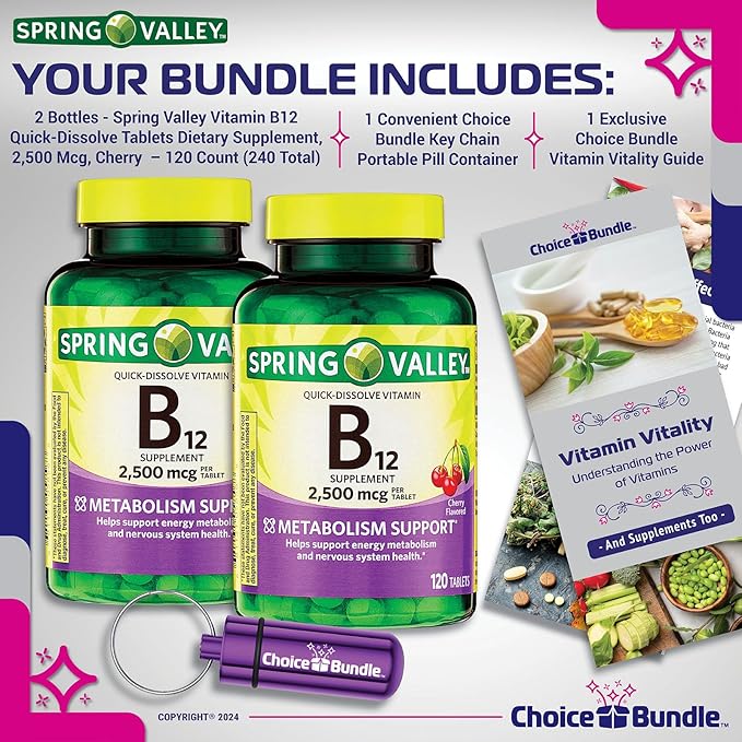 Spring Valley Vitamin B12 Quick Dissolve Tablets 2500 Mcg B Vitamins Complex 120 Ct 2 pk (240 Total) + Vitamin Vitality &amp Pill Container (4 Items)!