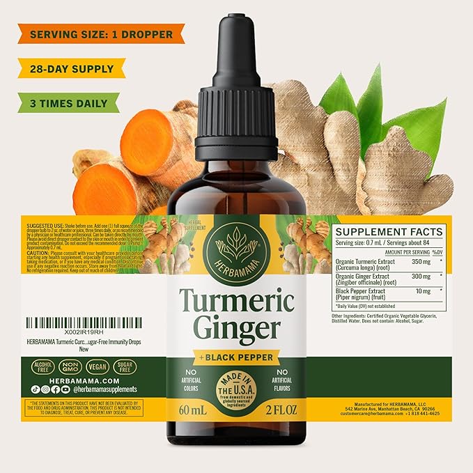 HERBAMAMA Turmeric Curcumin and Ginger Supplement - Vegan Immune Blend with Liquid Ginger RootTurmeric &amp Black Pepper Extract - Non-GMO Alcohol &amp Sugar-Free Immunity Drops