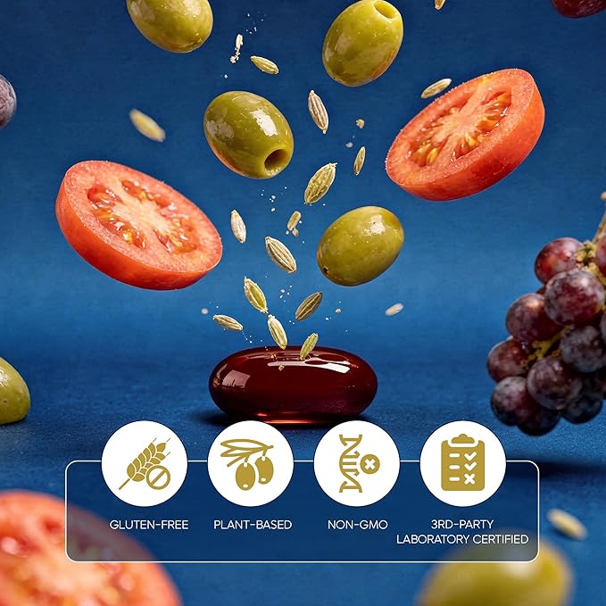 Essential Dietary Supplement: Three Key Fruits of The Mediterranean Diet® (Olives Grapes Tomatoes) - Plant-Based Softgels (60 Day Supply)