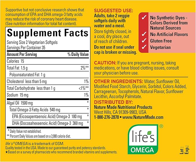 Nature Made Algae Oil Omega 3 Supplement 540mg Omega 3 Fish Oil Alternative 70 Veggie Softgels Sustainable Plant-Based for Healthy Heart Brain and Eye Support 70 Softgels