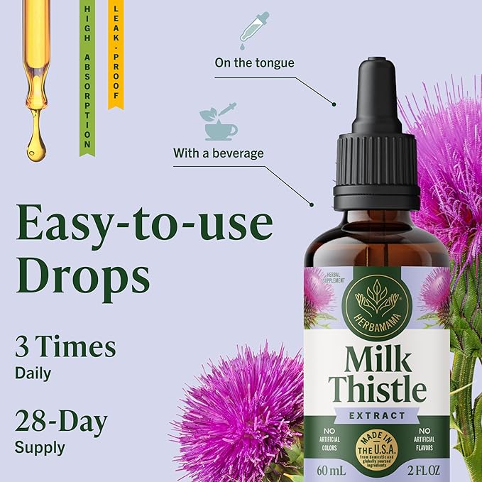 HERBAMAMA Milk Thistle Drops - Vegan Liver Support with Milk Thistle Extract Tincture - Non-GMO Alcohol &amp Sugar-Free Liver Detox and Cleanse Supplement 28-Day Supply