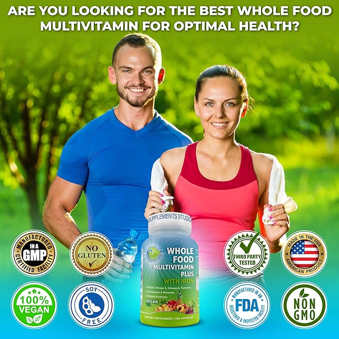 SUPPLEMENTS STUDIO Vegan Immune Energy &amp Whole Body Support Bundle – Vegan Whole Food Multivitamin with Iron + Liposomal Vitamin C 1500mg + Quercetin with Bromelain Zinc and Vitamin C – Non-GMO