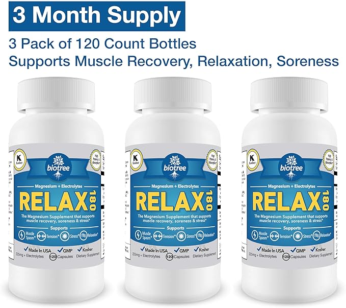 BioTree Labs Relax 180 - Pack of 3 x 120 Magnesium &amp Potassium Supplement with Electrolytes | 60 Days