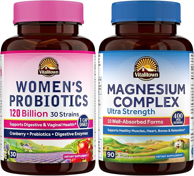 Vitalitown Magnesium + Probiotic Bundle (Pack of 2) | 10-in-1 Magnesium Complex &amp Women’s Probiotics 120 Billion CFUs | 90 Magnesium Caps &amp 30 Probiotic Caps
