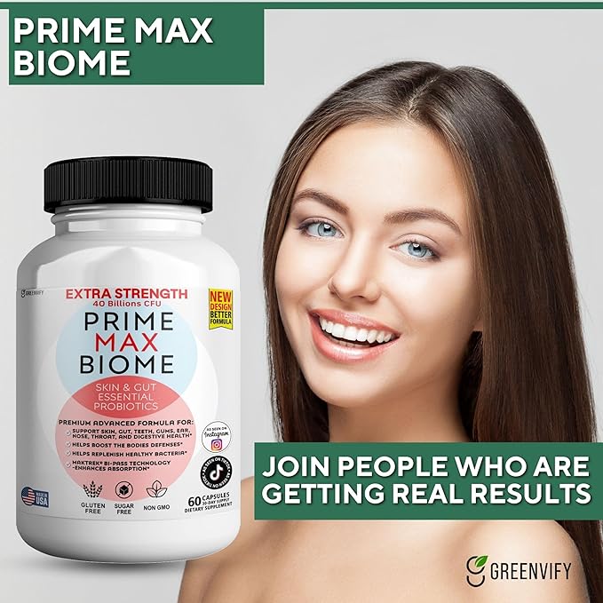 Prime Max Biome Probiotics 40 Billion CFU – Extra Strength Skin &amp Gut Support with MAKTrek® Bi-Pass Technology – 4 Strains + Prebiotics – Non-GMO Gluten-Free 60 Capsules (2)