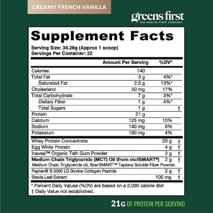 Greens First Dream Protein Powder Keto - 21g Protein Per Serving - Low Carb - with MCT Oil &amp Collagen - Non-GMO Gluten-Free Caffeine-Free (Creamy French Vanilla 26.39 oz)