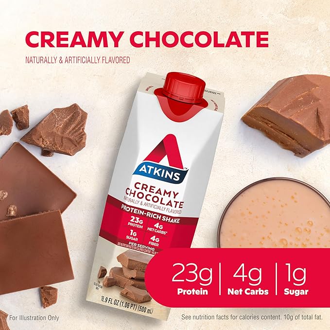 Atkins Creamy Chocolate Meal Size Protein Shake 23g Protein Low Glycemic 4g Net Carb 1g Sugar Keto Friendly 12 Count