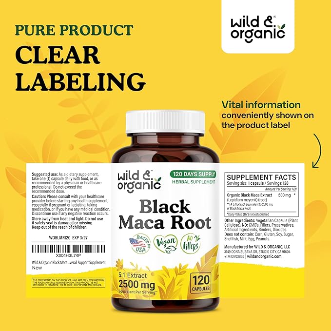 Wild &amp Organic Black Maca Root Capsules for Women &amp Men 500 mg - Overall Support - 120 Vegan Capsules with Maca Powder - Men &amp Women Supplement - 120 Days Supply Non-GMO No Fillers Glut