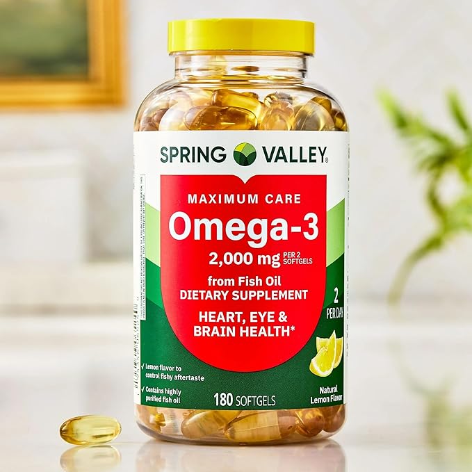 SUREFECT Spring Valley Maximum Care Omega-3 2000mg Fish Oil - 180 Softgels - General Wellness &amp Cardiovascular Support* - High EPA/DHA (1480mg) Lemon Flavor Organizer.