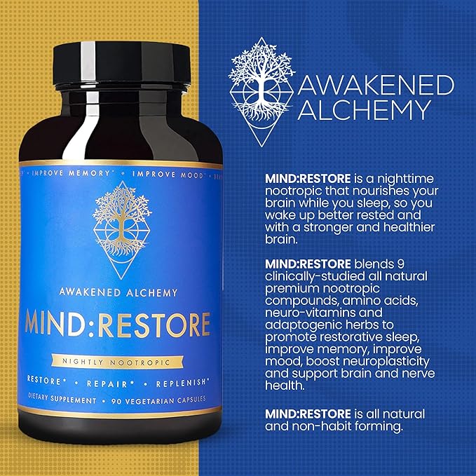 MIND:RESTORE Premium Nighttime Nootropic Supplement | Brain Nutrition for Memory and Sleep | 9 Premium Ingredients | L Theanine Lions Mane Choline Magnesium L Threonate Vitamin B6 Bacopa Monnieri