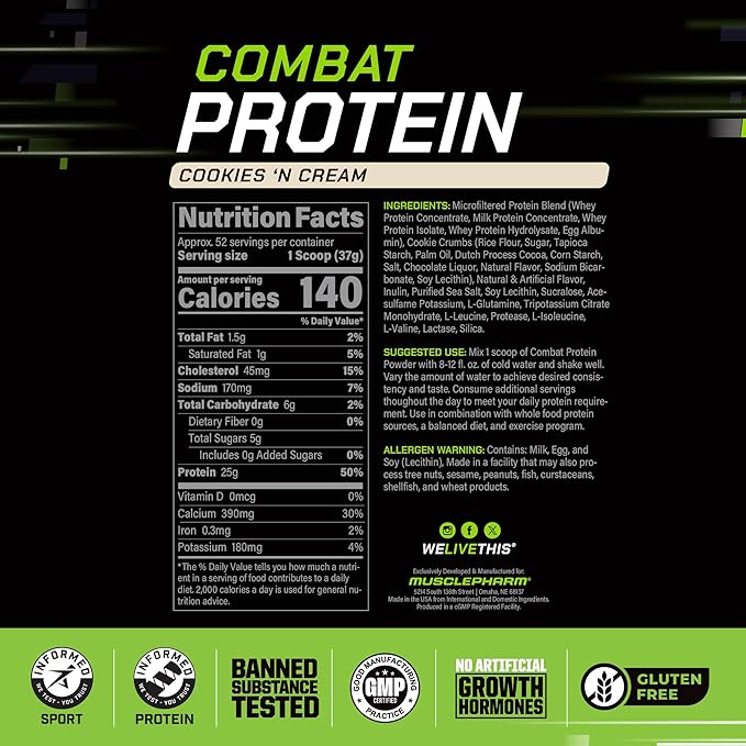MusclePharm Combat Protein Powder Cookies ‘N’ Cream Flavor Fuels Muscles for Productive Workouts 5 Protein Sources including Whey Protein Isolate &amp Egg Albumin Gluten Free 4 lb 52 Servings