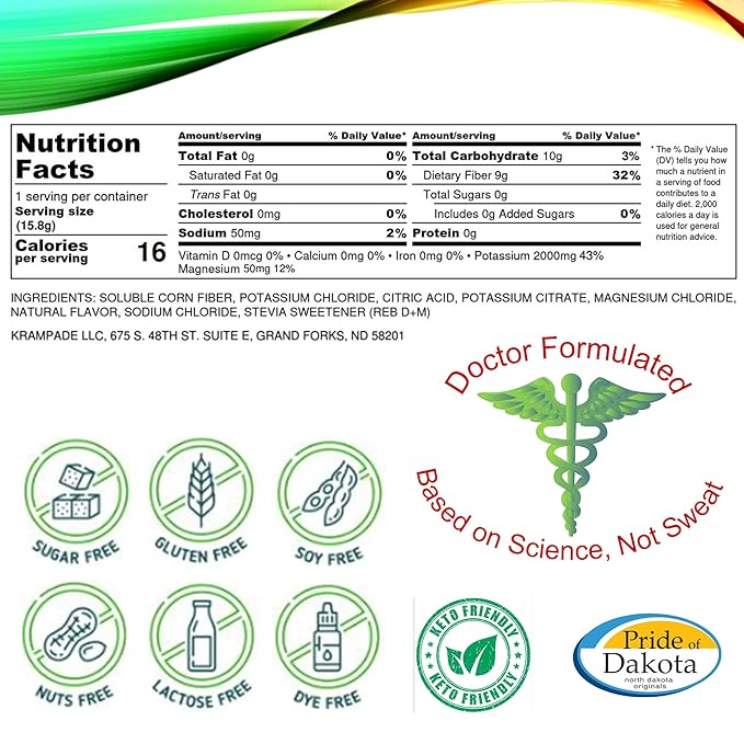 Krampade High Fiber High Potassium Electrolyte Powder Zero Sugar Lemon Lime 9g Dietary Fiber 3950mg Electrolytes 2000mg Potassium 50mg Mag Digestive Health Support Keto Weight Loss 16 Packets
