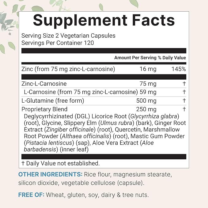 Zinc Carnosine 75mg 240 Veggie Capsules | 10-in-1 Zinc Supplements for Men &amp Women with Glutamine DGL Licorice Quercetin Slippery Elm Bark &amp Ginger Root | Non-GMO Gluten Free
