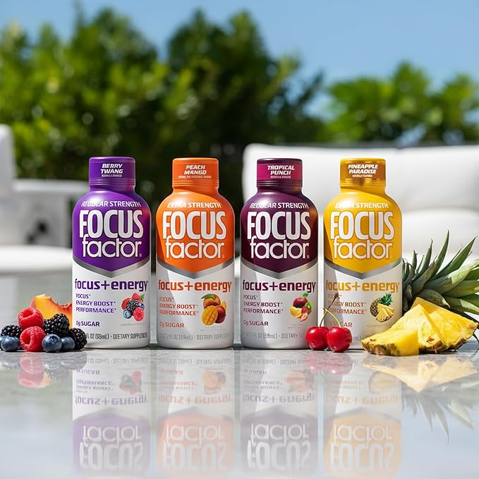 Focus Factor Extra Strength Focus + Energy Shots - 12 x 2oz Bottles (Peach Mango Flavor) - Powered by Nootropics with Caffeine L-Theanine Ginkgo Bacopa L-Tyrosine Alpha GPC