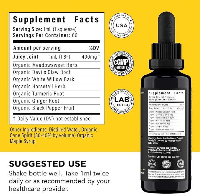 Juicy Joint by Plants Basically – Joint Support Supplement for Mobility Relief &amp Recovery | Turmeric White Willow Bark &amp Meadowsweet | 60 mL Liquid Extract | Vegan &amp Non-GMO | 30-Day Sup