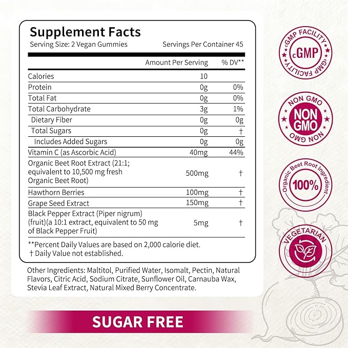 Organic Beet Root Gummies Mixed Berry Flavor SupplementsNatural Extract 21:1 Concentrate Sugar Free Chews Energy Vitality &amp Performance Support Beetroot Gummies