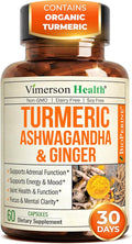 Ashwagandha Organic Turmeric Curcumin Supplement with Ginger Root &amp Black Pepper – Joint Health Energy &amp Immune Support – Antioxidant Blend with 95% Curcuminoids – 60 Capsules