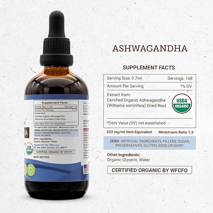 Secrets of the Tribe Ashwagandha USDA Organic Tincture Alcohol-Free Extract Ashwagandha Withania Somnifera Anti-Stress and Relaxation 4 OZ