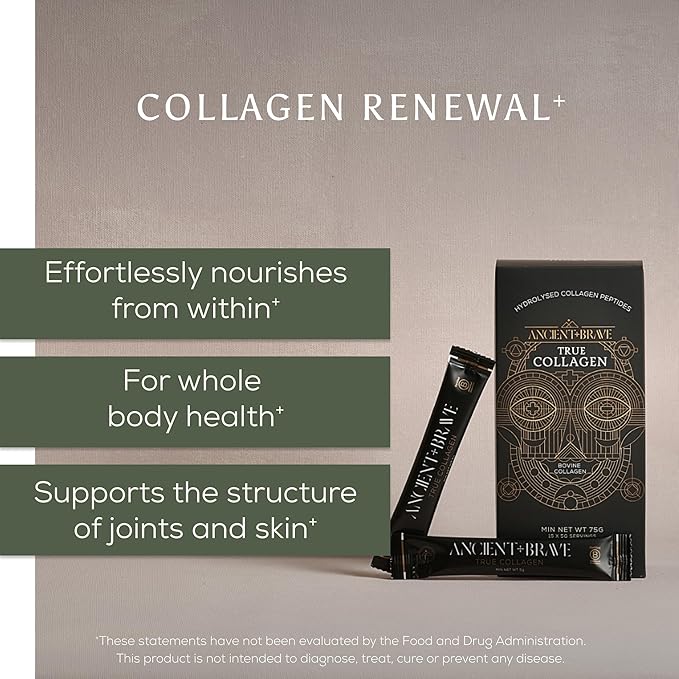 Ancient + Brave True Collagen Powder Packets 15 x 5g EU Grass Fed Collagen Peptides Highly Absorbable Protein Powder Supplements for Women Keto Friendly for Hair Skin and Nails Travel Ready