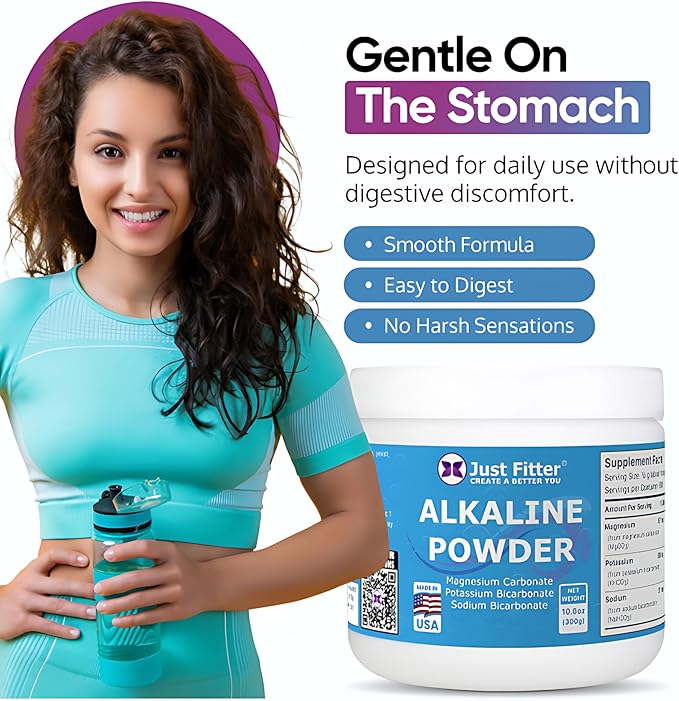 Just Fitter Alkaline Powder Supports pH Alkalinity Balance and Helps neutralize Acidity. Slow Release Formula for Better Absorption and Gentle on the Stomach. Helps Reduce Excess Body Acid.