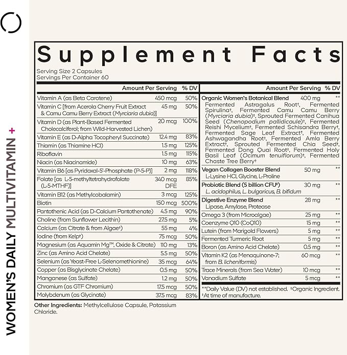 Codeage Women’s Daily Multivitamin 25+ Vitamins &amp Minerals Fermented Organic Whole Foods Probiotics Supplement - Vitamin A B C D E &amp K Omega 3 Zinc – Vegan - 120 Capsules
