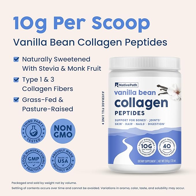 NativePath Collagen Peptides - Hydrolyzed Type 1 &amp 3 Collagen. Keto &amp Paleo Grass-Fed Protein Powder for Hair Skin Nails Bones Joints Digestion and More - No Gluten or Dairy (Vanilla Bean