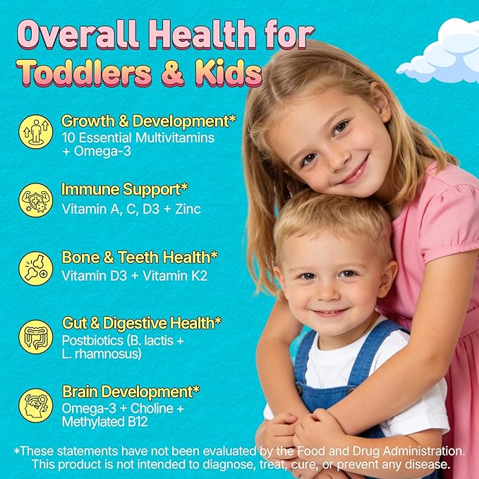 Organic Toddler Multivitamin Gummies + Omega-3 (DHA/EPA) Postbiotics | kids 2+ multivitamin | Vitamins A C D3 Methyl B12 Folate Zinc for Immune Digestive Brain Healthy Growth Sugar-Free 60Cts