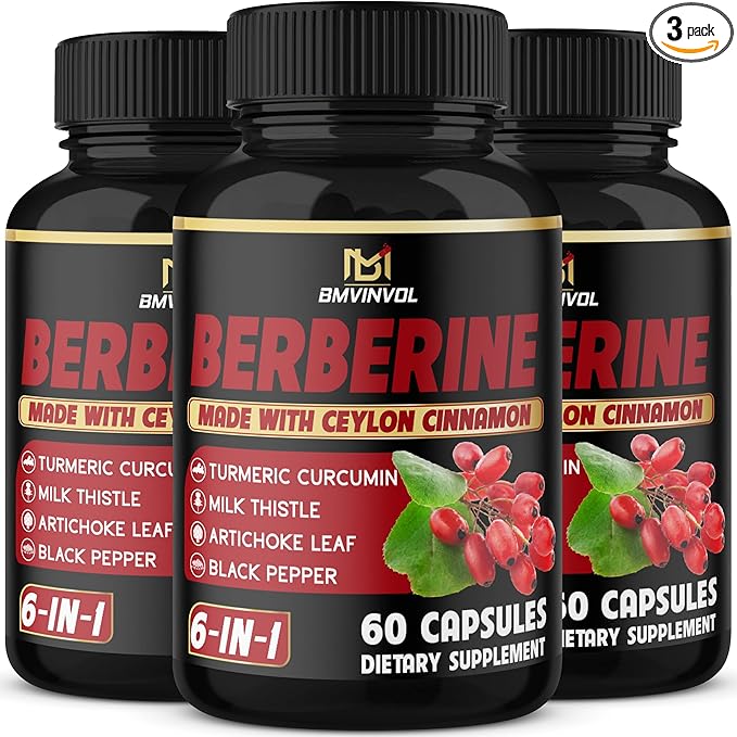 (3 Packs) Berberine Supplement Plus Ceylon Cinnamon Milk Thistle Turmeric Artichoke Leaf Black Peppe - 6 Month Supply - 180 Capsules Total