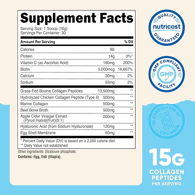 Nutricost Multi Collagen Protein Complex (Unflavored 30 Servings) - Supplement with Biotin Hyaluronic Acid and Collagen Peptides