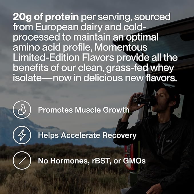 Momentous Essential Grass-Fed Whey Protein Powder - 20 g Whey Isolate Protein - NSF Certified for Sport - Gluten-Free - 12 Servings for Essential Everyday Use - Chocolate Coconut - Package May Vary