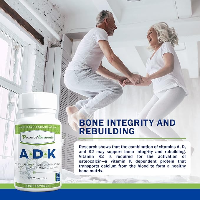 Power By Naturals ADK Vitamin Supplement – High Potency Blend of Vitamin A D3 5000 IU &amp K2 MK7 for Bone Health – Vitamin A D K Supplement – 60 Capsules (2 Month Supply)