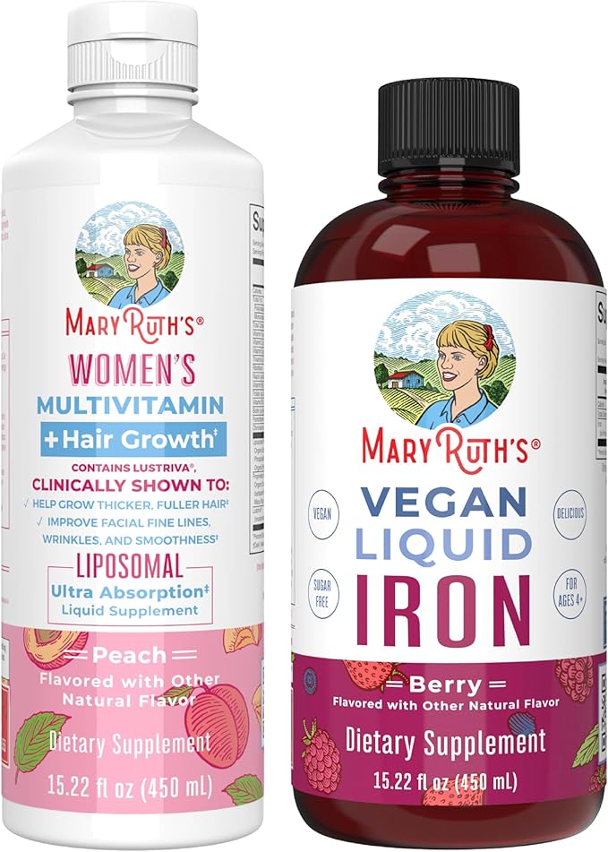 MaryRuth's Women's Multivitamin + Hair Growth Liposomal (Peach) &amp Iron Liquid (Berry) | Clean Label Project Verified® | Supplements for Beauty Immunity &amp Overall Health | Vegan Non-GMO Glu