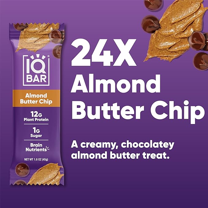 IQBAR Clean Plant Protein Bars - Almond Butter Chip - 24 Count - Keto Vegan High Fiber Gluten and Dairy Free Low Sugar Snack - Brain and Body Nutrients for Focus Energy Meal Replacement