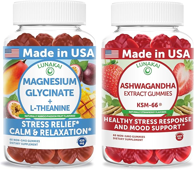 Lunakai USA Made Magnesium Glycinate with L-Theanine + Ashwagandha Extract Gummies Bundle – Naturally Flavored Non-GMO – 60ct Each