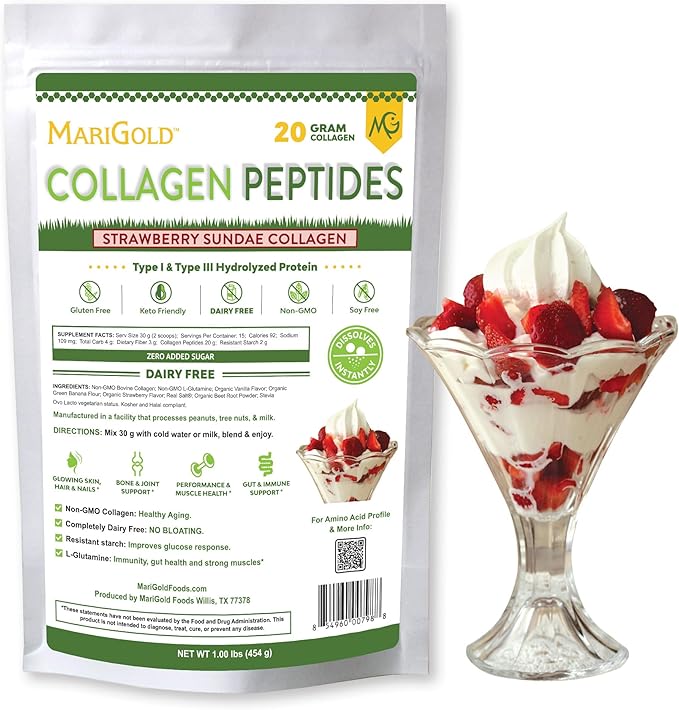MariGold Grass-fed Collagen Peptides Powder Strawberry Sundae 1LB - 100% Pure Type I &amp III Bovine Hydrolyzed Collagen Non-GMO Hormone Free Soy Free Gluten Free Dairy Free Keto-Friendly