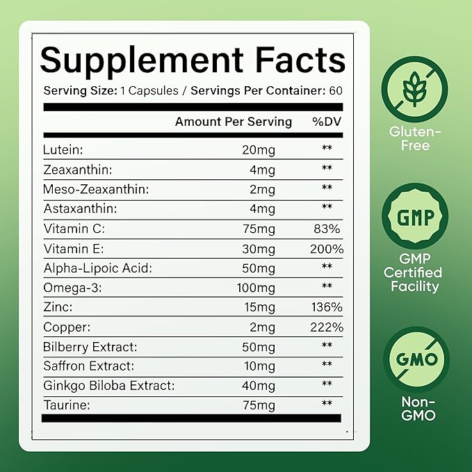 14 in 1 Advanced Eye Formula Eye Supplement with Lutein Zeaxanthin Astaxanthin Bilberry Extract &amp Zinc Eye Vitamin and Mineral Supplement for Adults &amp Seniors 60 Capsules (1)