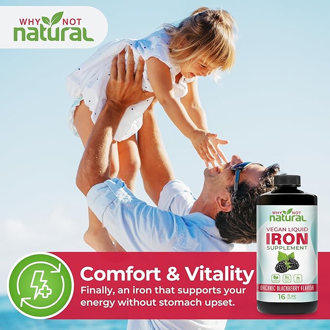 Why Not Natural Liquid Iron Supplement for Women Men and Kids Vegan Formulation for Anemia Sugar Free Vegan Non-GMO Organic BlackBerry Flavor 16 Fl Oz