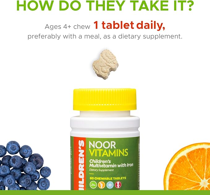Noor Vitamins Halal Kids Multivitamin Chewable: Essential Vitamins for Immune Bone &amp Eye Health with Iron - Non GMO &amp Gluten Free - Halal Vitamins 60 Count (2 Month Supply)