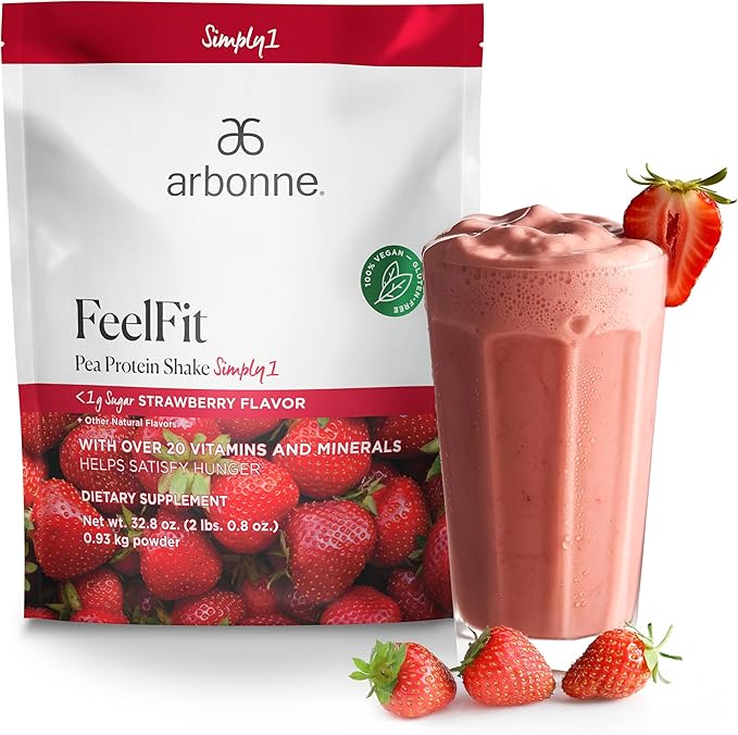 Arbonne FeelFit Pea Protein Powder – Strawberry Flavored Vegan Protein Powder – Plant-Based Nutrition Supplement for Smoothies Shakes &amp Post-Workout Recovery Support – 30 Servings