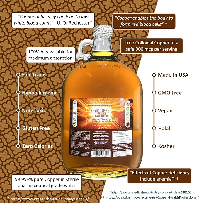 MediCOPPER® Plus Blood Booster True Colloidal Copper CuNP Nutritional Supplement - 1 US Gallon in Clear Glass Jug