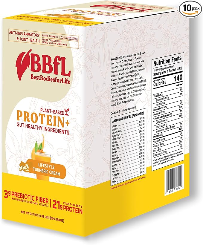 BBfL Plant-Based Protein Shake – 21g Vegan Protein Turmeric + Curcumin 95 + Ceylon Cinnamon Prebiotics Digestive Enzymes Supports Inflammatory Response – All-in-One Shake (10 Servings Turmeric Cr