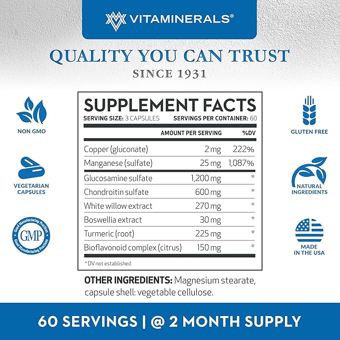 Vitaminerals® 128 Glucosamine Joint Support Glucosamine-Chondroitin Complex | Veggie Caps (90 Count)